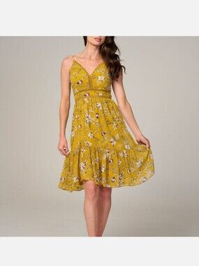 Minuet Petite Mustard Floral Spaghetti-Strap Mini Dress